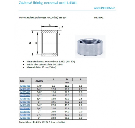 Mufna krátká_nátrubek poloviční, typ 334_katalogový list