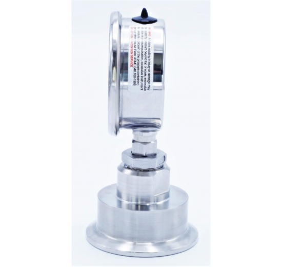 nerezový tlakoměr s oddělovací membránou, clamp připojení, rozsah měření 0-1 bar, límeček 64 mm