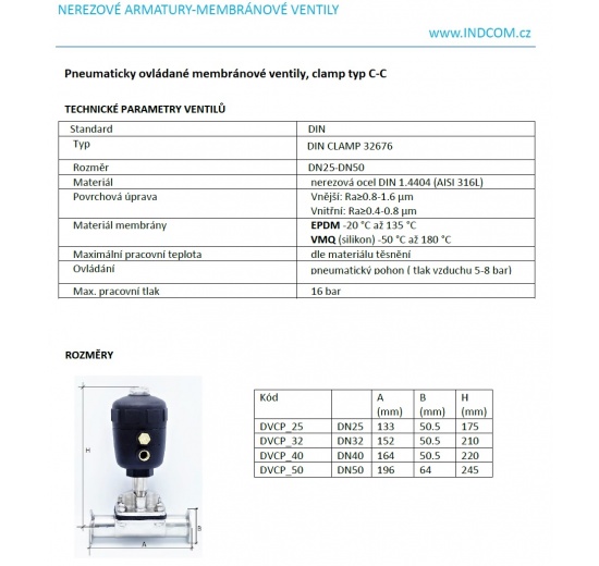 Pneumaticky ovládané membránové ventily, clamp typ C-C