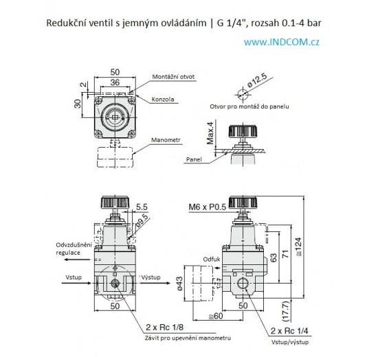 Reducing valve with fine regulation G 1/4", range 0.1-4 bar
