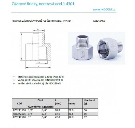 Redukce závitová VNI_VNĚ nipl redukovaný  typ 324 katalogový list