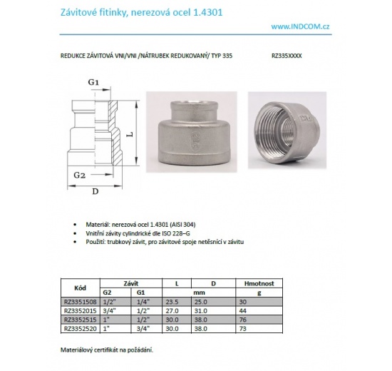 Redukce závitová VNIVNI nátrubek redukovaný typ 335_katalogový list