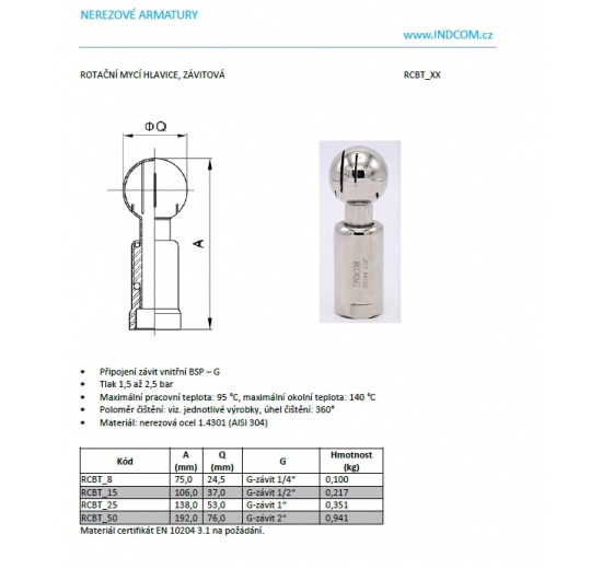 Rotary cleaning ball, threaded, stainless steel, use in beverage production