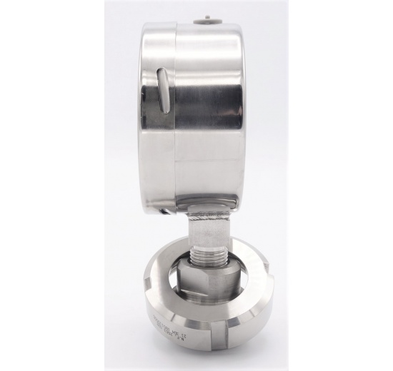 SS manometer with separating membrane, union DIN 11851, dial 100 mm, Nut DN32 0-2,5 bar