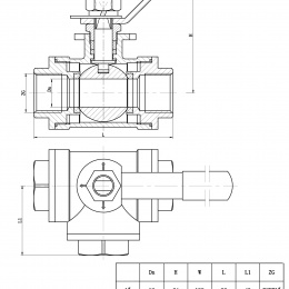 Stainless ball valve, three way, threaded BSP-G 1", 1 1/4". Maximal 69 bar drilling "T"