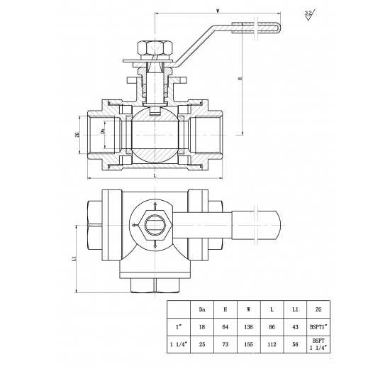 Stainless ball valve, three way, threaded BSP-G 1", 1 1/4". Maximal 69 bar drilling "T"