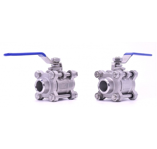 Stainless steel ball valve with full bore, three pieced, welded
