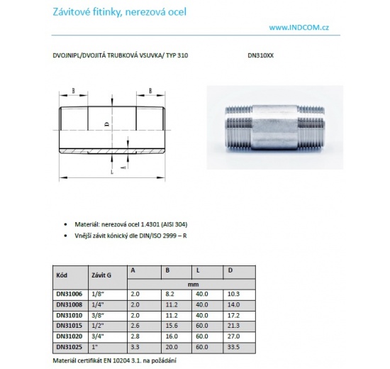 Stainless Steel Barrel Nipple, type 310, datasheet Indcom
