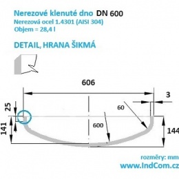 Stainless Steel Dished Bottom| DN600 (606x3 mm),  inclined edge.