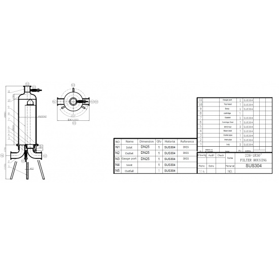 Stainless steel filter housing 30" - technical drawing