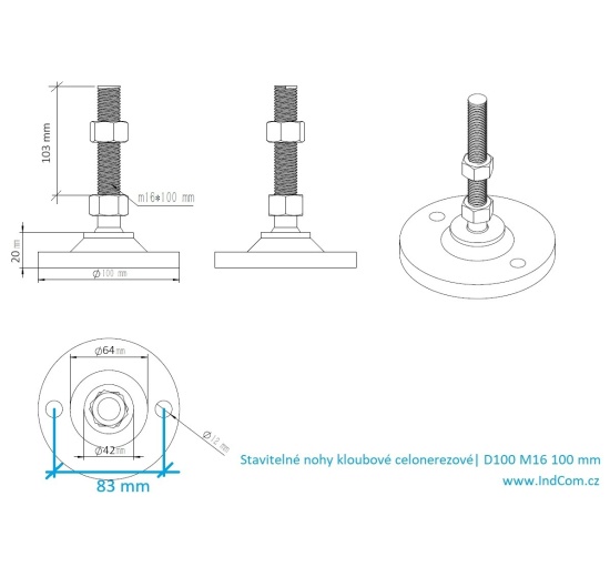 Stainless steel legs, height adjustable, with joint D100 M16 100 mm