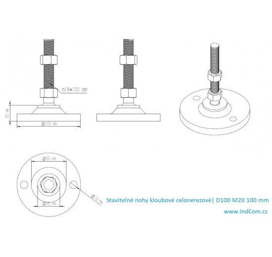 Stainless steel legs, height adjustable, with joint D100 M20 100 mm_dimensions