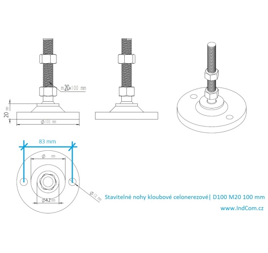 Stainless steel legs, height adjustable, with joint D100 M20 100 mm