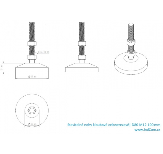 Stainless steel legs, height adjustable, with joint| D80 M12 100 mm_dimensions