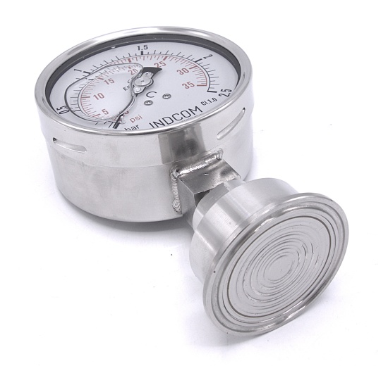 Stainless steel manometer, dial 100 mm, with a a sanitary diaphragm CLAMP DIN32676 - collar 64 mm