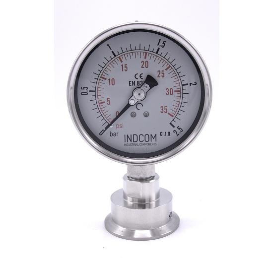 Stainless steel manometer, dial 100 mm, with a a sanitary diaphragm CLAMP DIN32676 - collar 64 mm