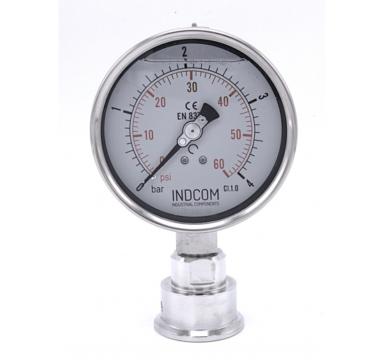 Stainless steel manometer, dial 100 mm, with a sanitary diaphragm CLAMP DIN32676 - collar 50.5 mm