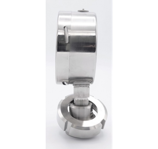 Stainless steel manometer, dial 100 mm, with separating membrane-CLAMP DIN 32676, collar 64 mm 0-16 bar