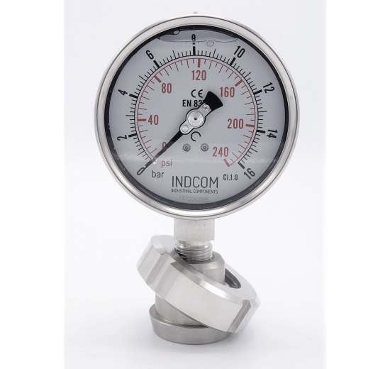 Stainless steel manometer, dial 100 mm, with separating membrane-CLAMP DIN 32676, collar 64 mm 0-16 bar