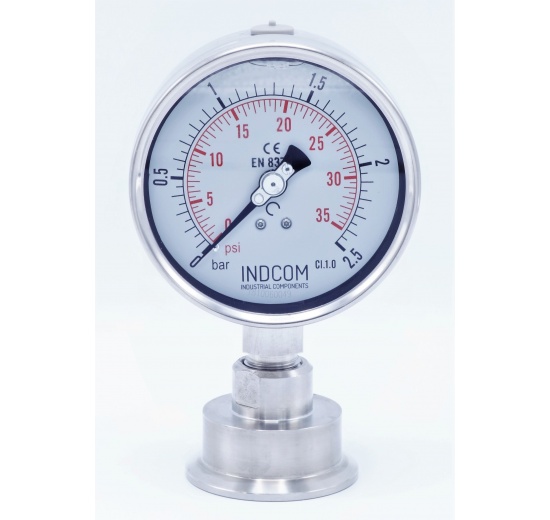 Stainless steel manometer, dial 100 mm, with separating membrane CLAMP DIN32676 - collar 64 mm