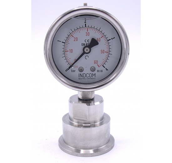 Stainless steel manometer, dial 63 mm, with a sanitary diaphragm CLAMP DIN 32676, collar 50.5 mm