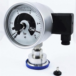 Stainless steel manometer with electrical contacts and separating membrane-clamp, dial 100 mm