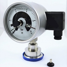 Stainless steel manometer with electrical contacts and separating membrane-clamp, dial 100 mm 0-10 bar, (DIN clamp-64 mm)