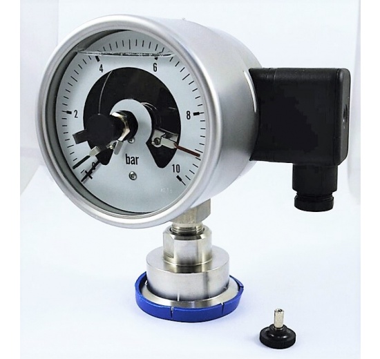 Stainless steel manometer with electrical contacts and separating membrane-clamp, dial 100 mm 0-10 bar, (DIN clamp-64 mm)