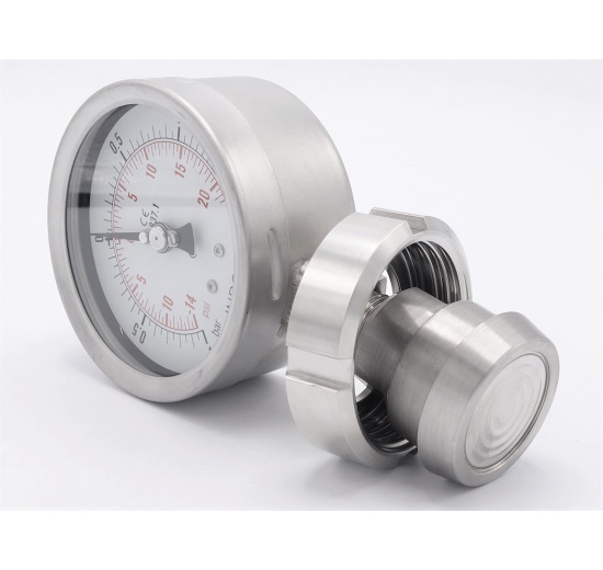 Stainless steel manometer with separating membrane DIN 11851, dial 100 mm, nut DN25, -1/1,5 bar