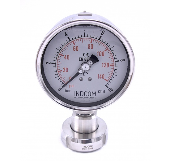 Stainless steel manometer with separating membrane DIN 11851, dial 100 mm, nut DN25 | 0-6 bar