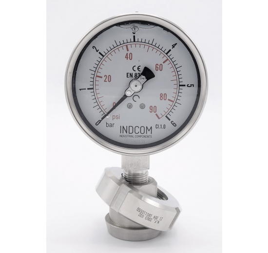 Stainless steel manometer with separating membrane, DIN 11851, dial 100 mm | nut DN32