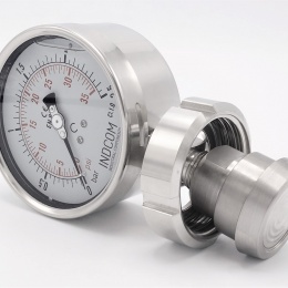 Stainless steel manometer with separating membrane, union DIN 11851, dial 100 mm, Nut DN32 0-2,5 bar