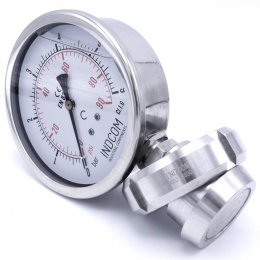 Stainless steel manometer with separating membrane, union DIN 11851, dial 100 mm, Nut DN32 | 0-6 bar