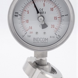 Stainless steel manometer with separating membrane, union DIN 11851, dial 100 mm, Nut DN32 -1/1,5 bar