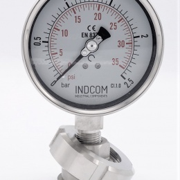 Stainless steel manometer with separating membrane, union DIN 11851, dial 100 mm, Nut DN32 0-2,5 bar