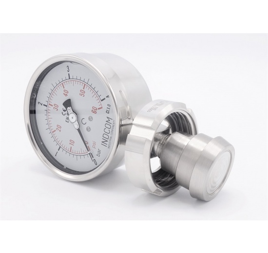 Stainless steel manometer with separating membrane, union DIN 11851, dial 100 mm, Nut DN40 0-4 bar