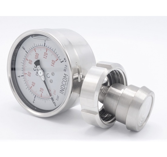 Stainless steel manometer with separating membrane, union DIN 11851 dial 100 mm Nut DN32 0-10 bar