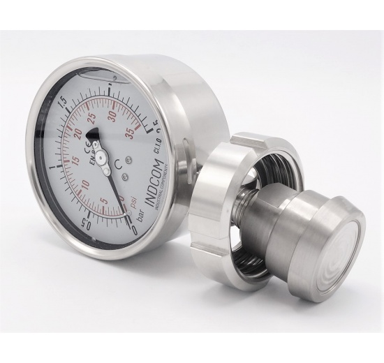 Stainless steel manometer with separating membrane, union DIN 11851, dial 100 mm, Nut DN32 0-2,5 bar