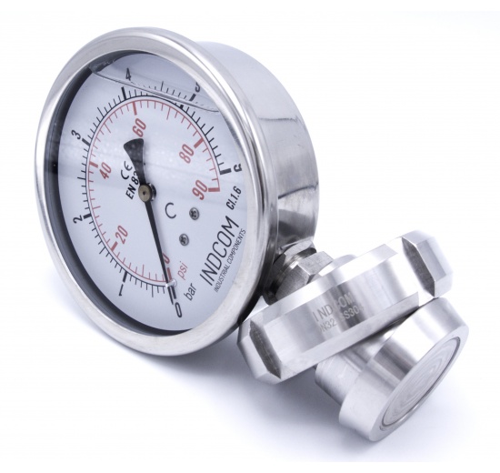 Stainless steel manometer with separating membrane, union DIN 11851, dial 100 mm, Nut DN32 | 0-6 bar