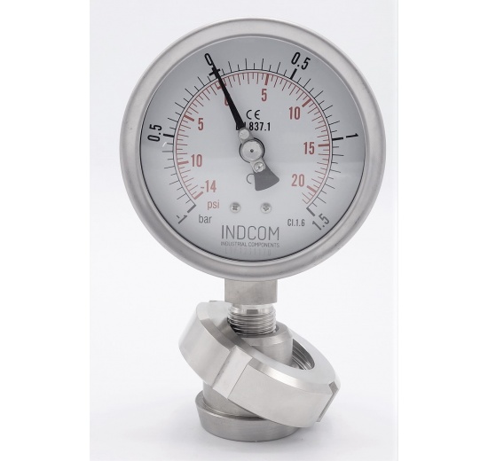 Stainless steel manometer with separating membrane, union DIN 11851, dial 100 mm, Nut DN32 -1/1,5 bar