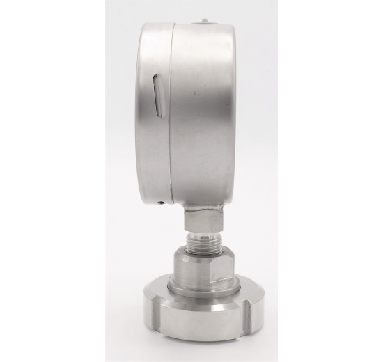 Stainless steel manometer with separating membrane, union DIN 11851, dial 100 mm, Nut DN32 -1/1,5 bar