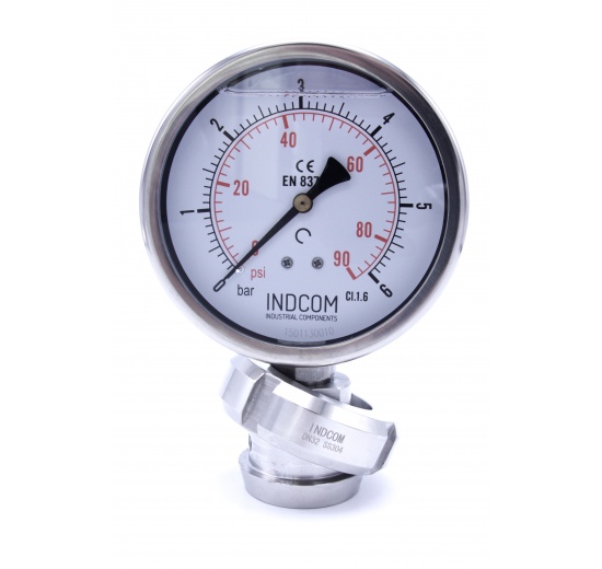 Stainless steel manometer with separating membrane, union DIN 11851, dial 100 mm, Nut DN40 0-6 bar