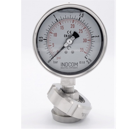 Stainless steel manometer with separating membrane, union DIN 11851, dial 100 mm, Nut DN32 0-2,5 bar
