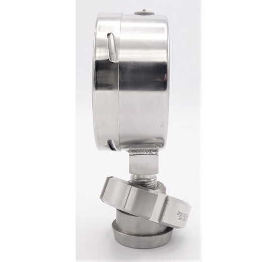 Stainless steel manometer with separating membrane, union DIN 11851, dial 100 mm | 0-4 bar