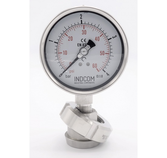 Stainless steel manometer with separating membrane, union DIN 11851, dial 100 mm | 0-4 bar