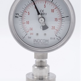 Stainless Steel Pressure Gauge, Dial 100 mm, Sanitary Diaphragm CLAMP DIN 32676 (64 mm) | -1/1.5 bar
