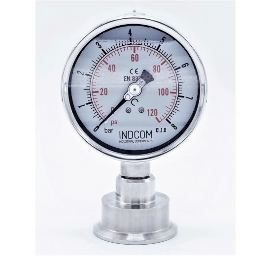 Stainless Steel Pressure Gauge, Dial 100 mm, With Separating Diaphragm- CLAMP DIN 32676 (64 mm) | 0-8 bar