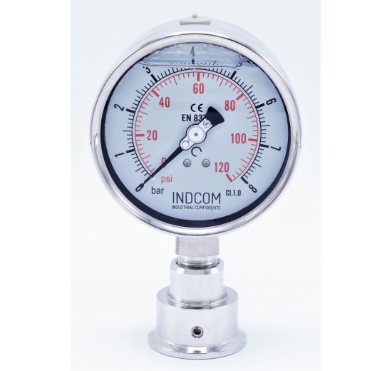 Stainless Steel Pressure Gauge, Dial 100 mm, With Separating Diaphragm CLAMP DIN32676 (50.5 mm) 0-8 bar