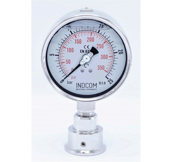 Stainless Steel Pressure Gauge, Dial 100 mm, With Separating Diaphragm CLAMP DIN32676 (50.5 mm) 0-25 bar