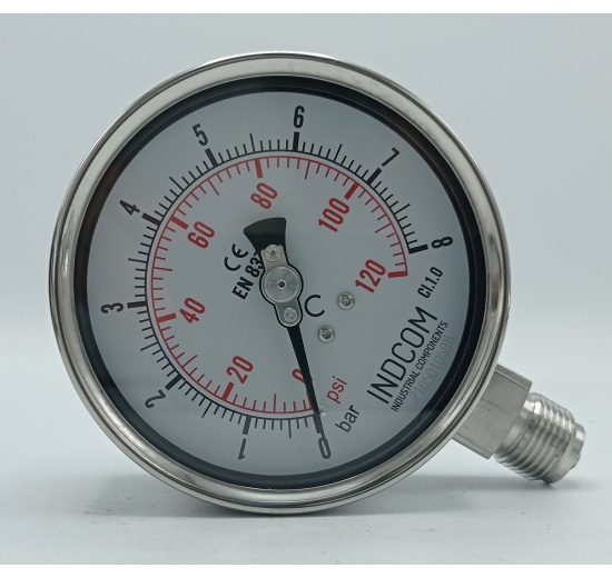Stainless steel pressure gauges - the bottom (radial) connection, dial 100 mm 0 - 8 bar (1/2")